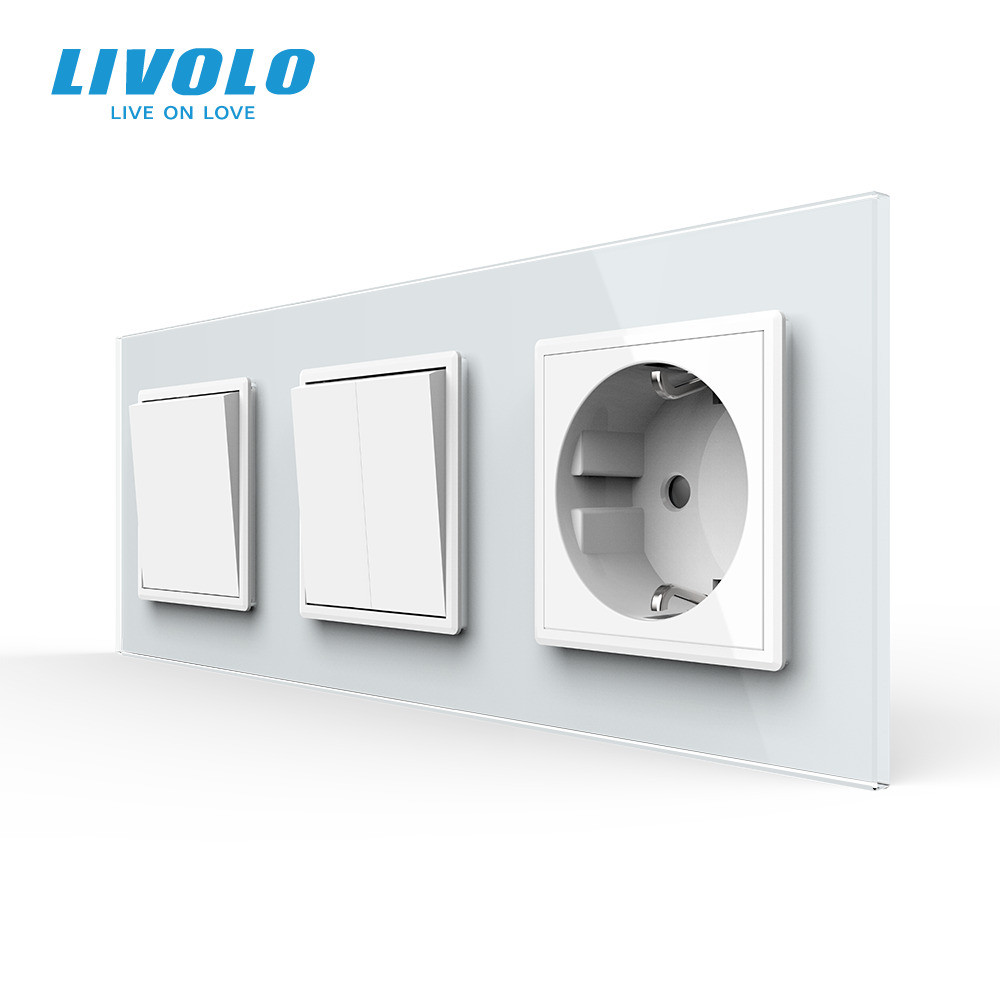 Трьохклавішний вимикач (1-2) з розеткою Livolo білий скло (VL-C7K1/K2/FCTC16A-6WP) Коломия - фото 1