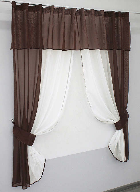 Кухонные шторы VR-Textil № 090к с ламбрекеном и подвязками венге с молочным 280х170 см (52-0015) Киев - изображение 2