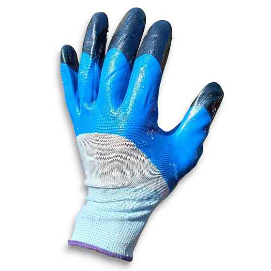 Робочі рукавички білі з синьо-чорним нітриловим покриттям для захисту рук під час будівельних і господарських робіт Харків