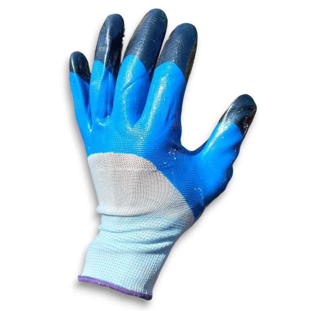 Робочі рукавички білі з синьо-чорним нітриловим покриттям для захисту рук під час будівельних і господарських робіт Харків - фото 3