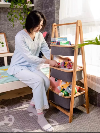 Складная полка для одежды из бамбука с тканевыми корзинами, корзина для белья, 44×35×99см Каменец-Подольский