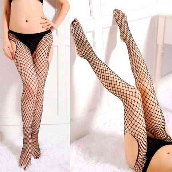 Колготы-чулки в крупную сетку с открытым доступом и вырезами на бёдрах - Чёрный - S/M/L– Эротическое бельё Винница