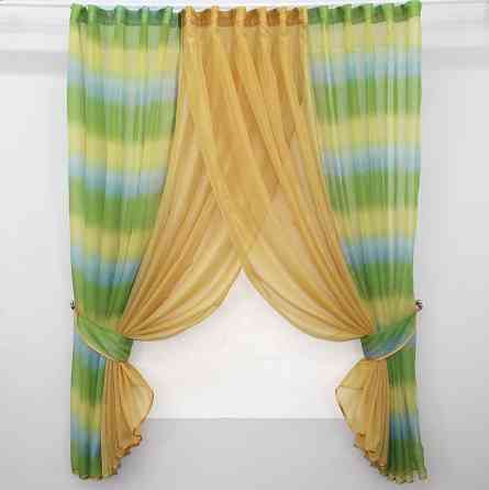 Кухонні шторки VR-Textil № 111к комбіновані золотистий з оливково-жовтим та блакитним 400х170 см (52-0225) Київ