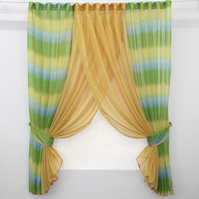 Кухонні шторки VR-Textil № 111к комбіновані золотистий з оливково-жовтим та блакитним 400х170 см (52-0225) Київ - фото 1