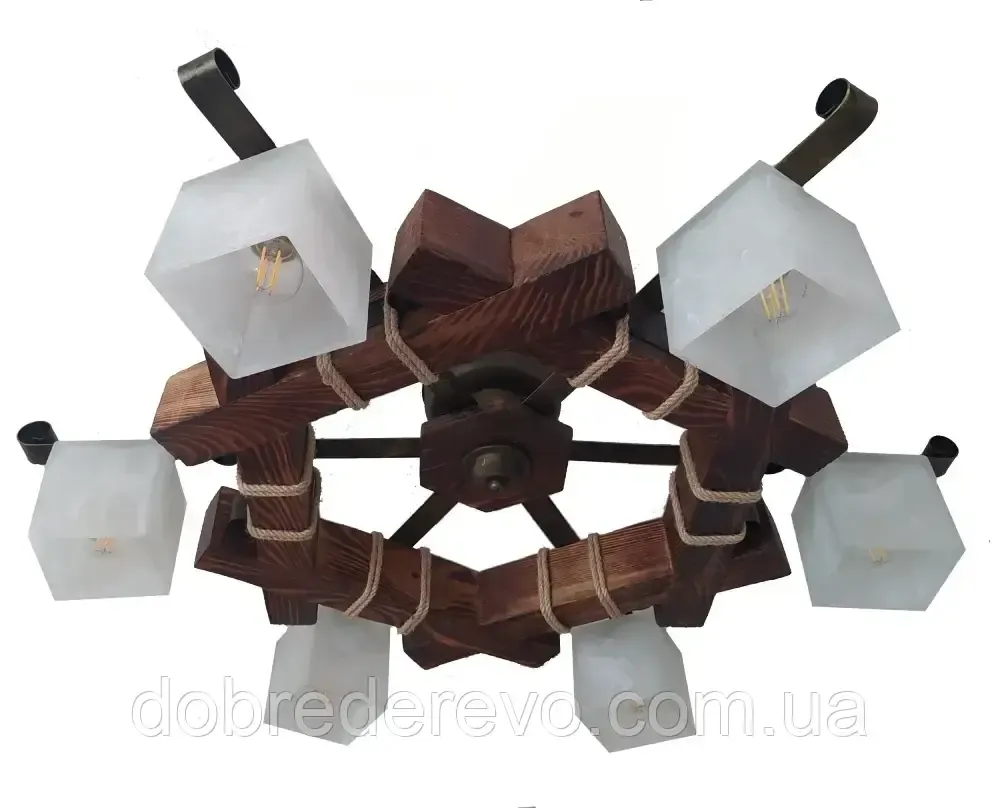 Люстра дерев'яна з склянним плафоном в альтанку, сауну, будинок - кування під старовину Вижниця - фото 1