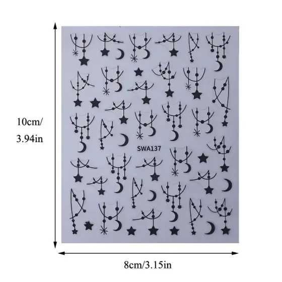 3D наклейки для ногтей в бохо стиле — луна, звезды, цепочки, черные + серебряные (2 листа) Киев