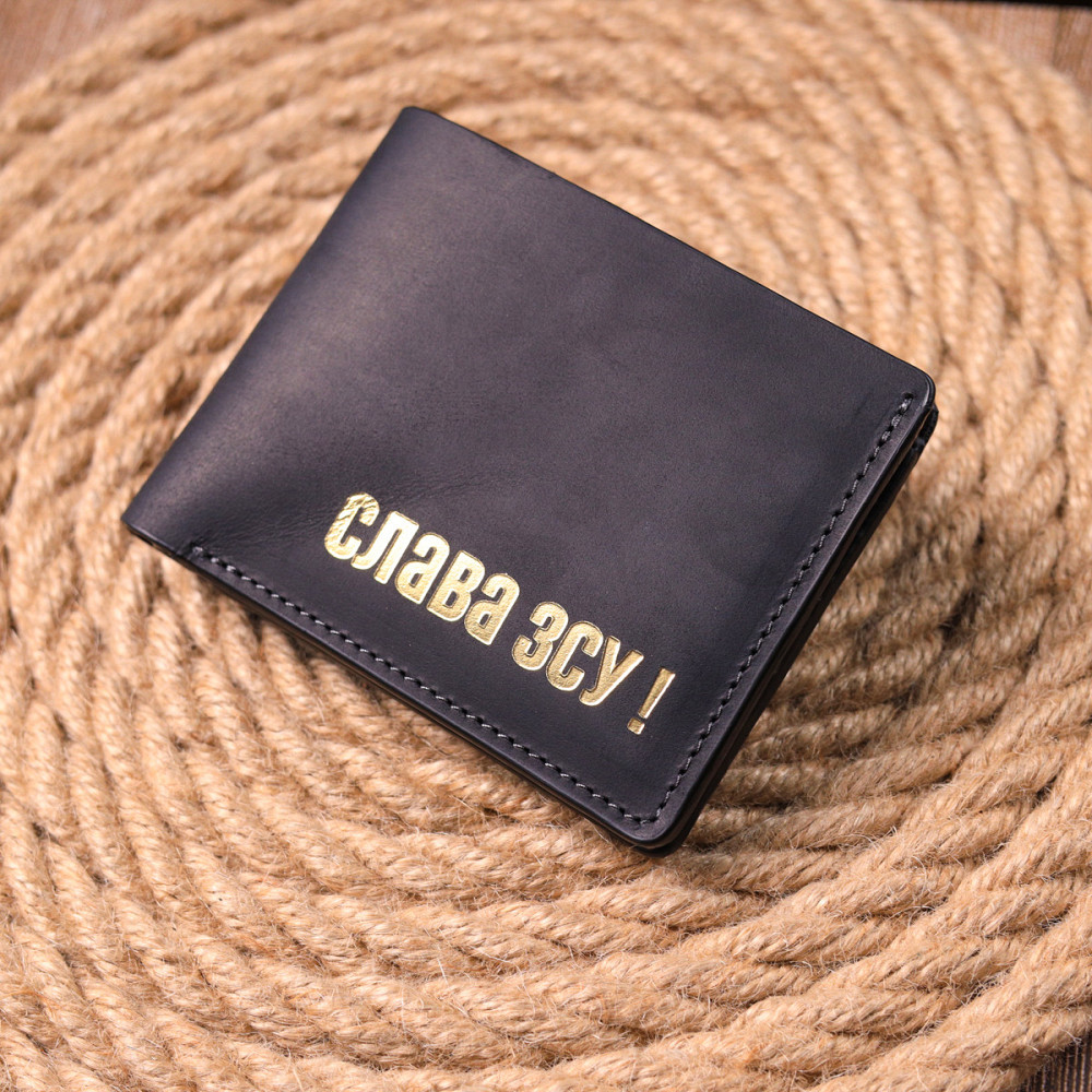 Добротне шкіряне портмоне з вінтажної шкіри в дві додавання Слава ЗСУ GRANDE PELLE 16734 Чорний Київ - фото 8