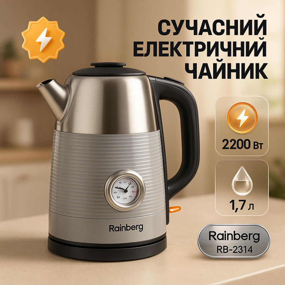 Потужний побутовий електрочайник Rainberg RB-2314 2200Вт 1.7л, Компактний електричний чайник для дому PS-96 Львів - фото 10