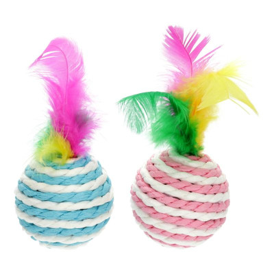 Игрушка для кошек Hippie Pet Мячики из веревки с перьями разноцветные 4.5 см 2 шт (HIPCTM00180) Винница - изображение 1