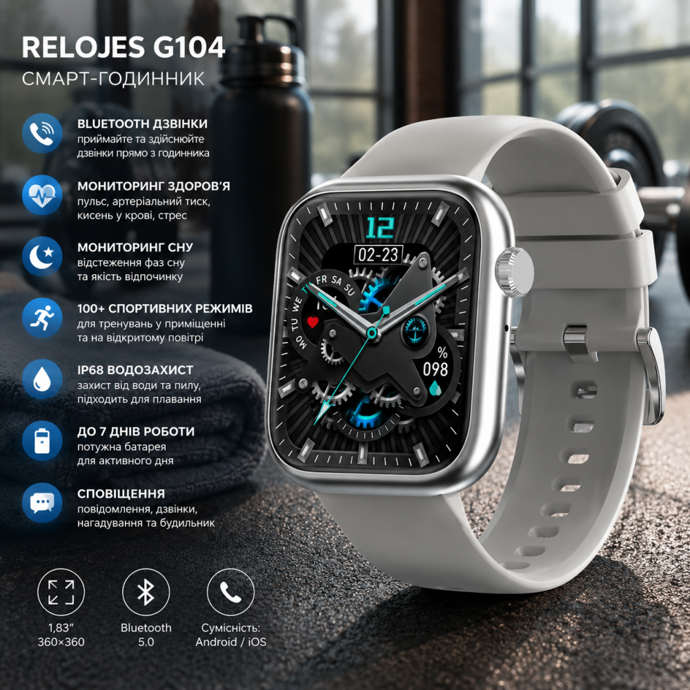 Смарт-часы Relojes G104, 1,83″ 360×360, Bluetooth 5.0, звонки, пульс, давление, кислород, сон, IP68, фитнес-трекер Киев - изображение 1