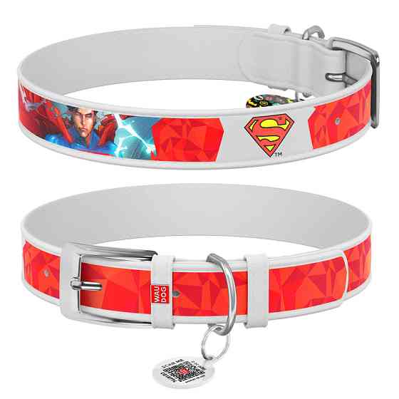 Нашийник для собак шкіряний WAUDOG Design з QR-паспортом, малюнок "Супермен1", Ш 35 мм, Д 46-59 см білий Вінниця