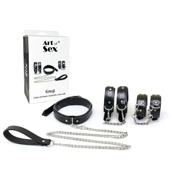 Набір BDSM Art of Sex - Emoji, наручники, поножі, нашийник з повідцем, екошкіра, чорний Львов