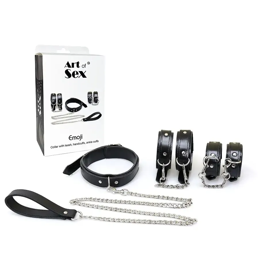 Набір BDSM Art of Sex - Emoji, наручники, поножі, нашийник з повідцем, екошкіра, чорний Львів - фото 4