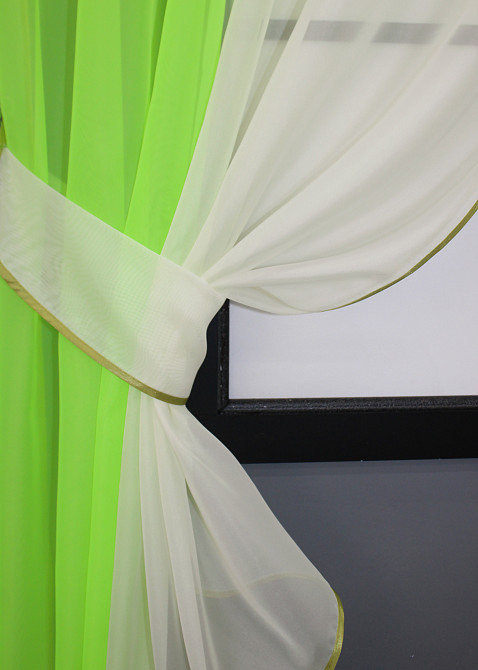 Кухонные шторы VR-Textil № 017к комбинированные с подвязками неоново-салатовый с молочным 265х170 см (52-0889) Киев - изображение 3