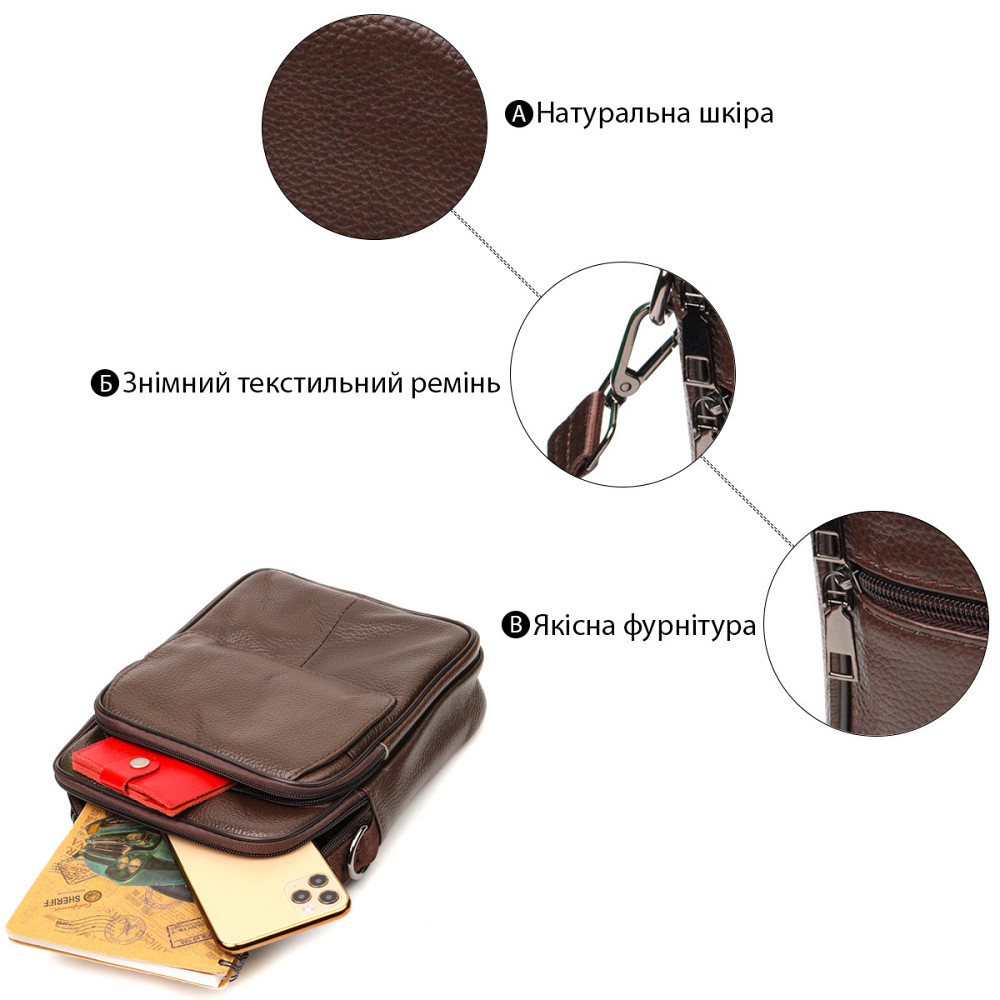 Стильний чоловічий месенджер з натуральної шкіри Vintage 21949 Коричневий Київ - фото 7