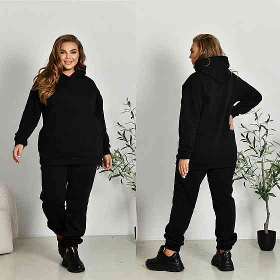 Жіночий прогулянковий костюм: худі та штани батал у спортивному стилі тринитка на флісі Чорний, 60/62 Одеса