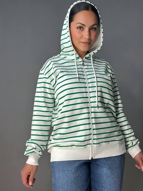 Толстовка женская Pepper&mint 24-01 в полоску на молнии с капюшоном зеленая, зеленый, one size Киев - изображение 1