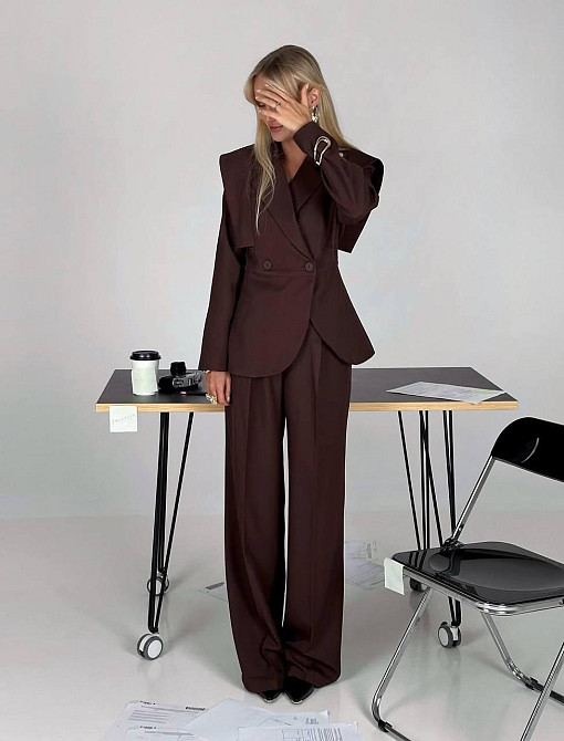 Женский стильный брючный костюм двойка: пиджак и штаны костюмка Шоколадный, 42/44 Одесса - изображение 8
