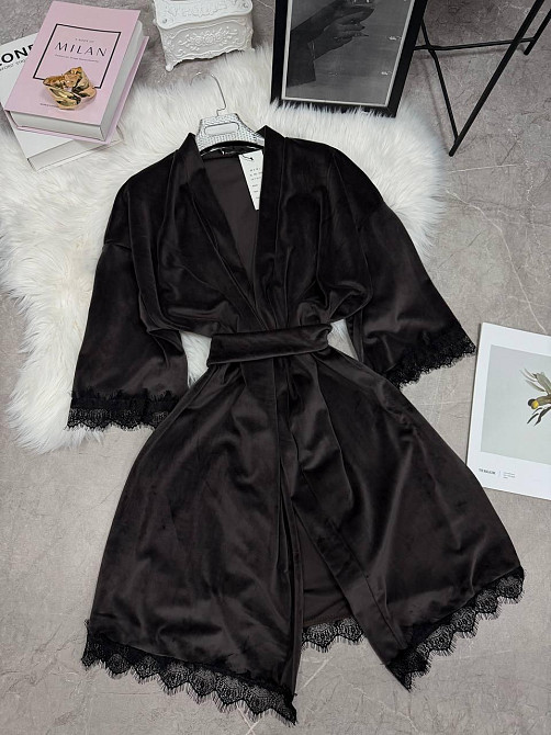 Женский домашний халат на запах велюр с кружевом Шоколад, 48/52 Одесса - изображение 1