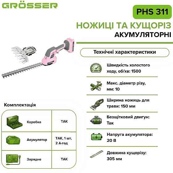 Аккумуляторные ножницы-кусторез Grosser PHS 311 20 В, 305 мм, АКБ 2 А·ч, Pink Edition Киев