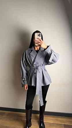 Женское трендовое пальто с двубортной застежкой на пуговицы и поясом Синий Одесса