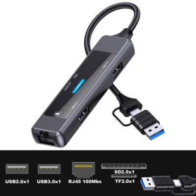 Концентратор XoKo USB-C 5-in-1 USB 3.0 + USB 2.0 + SD/TF + RJ45 100Mbps silver (XK-AC-350) Вінниця - фото 4