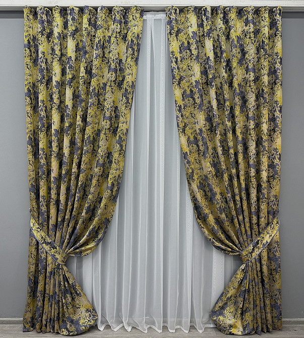 Комплект готових штор VR-Textil Льон Преміум № 1834ш Сірий з жовтим 200х295 см 2 шт (32-156) Київ - фото 2