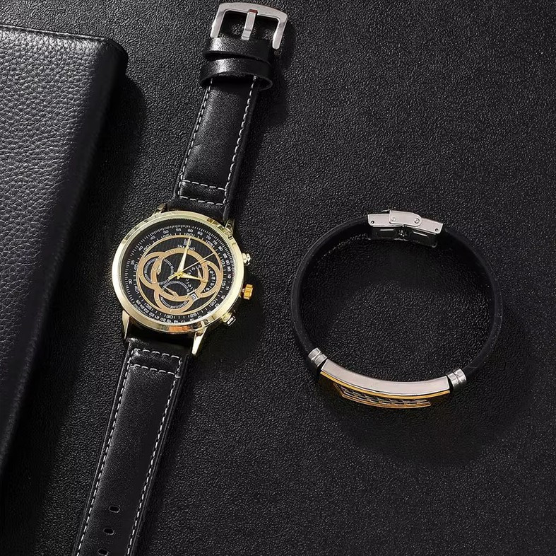 Чоловічий подарунковий набір Prestige Drive кварцовий годинник у золотистому корпусі та стильний браслет чорний Київ - фото 5