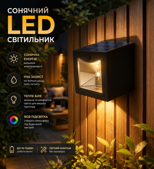 Уцінка Сонячний LED настінний світильник OUKENS, теплий білий + RGB, вуличний світильник на сонячній батареї, IP захист Київ - фото 10
