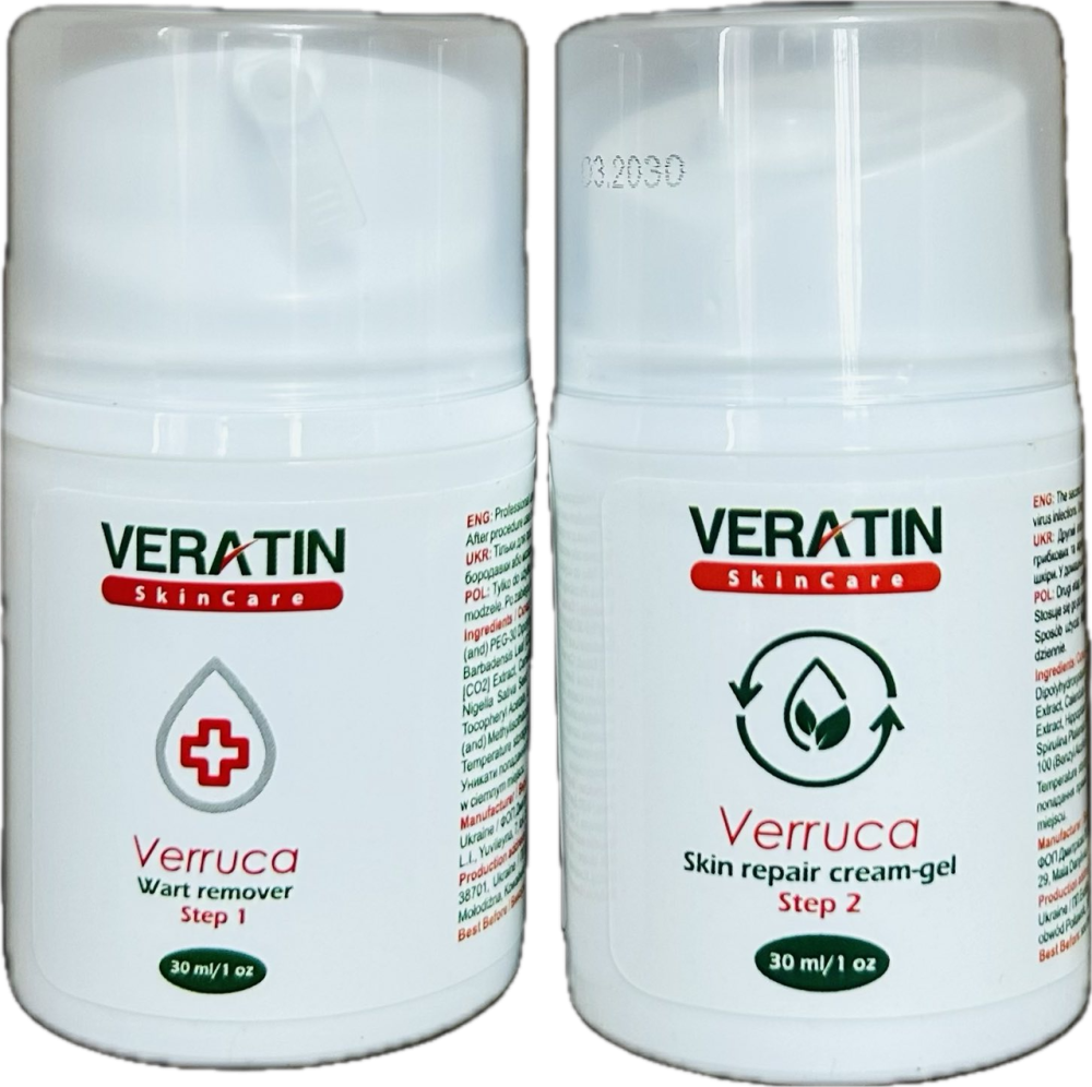 Набір: Крем від та після видалення бородавок та папілом Verruca (Веррука) 2 флакони по 30 мл. Flosvita, Veratin Skin Care Харків - фото 2