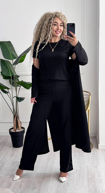 Жіночий базовий прогулянковий костюм-трійка: кардиган футболка та штани трикотажний рубчик Чорний, 50/52 Одеса - фото 7