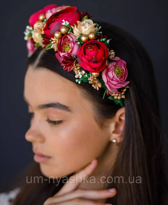 Ободок обруч з квітами "Піони середній вишневий" Кривий Ріг - фото 2