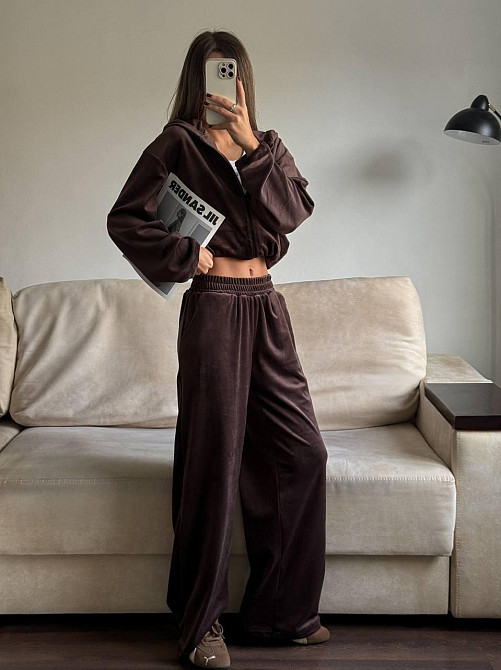 Женский стильный повседневный велюровый костюм велюр плюш Шоколад Одесса - изображение 6