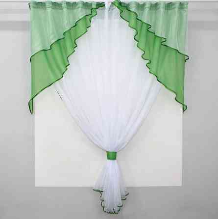 Кухонная занавеска VR-Textil № 114к ламбрекен и тюль темно-салатовый с белым 280х170 см (52-0557) Киев