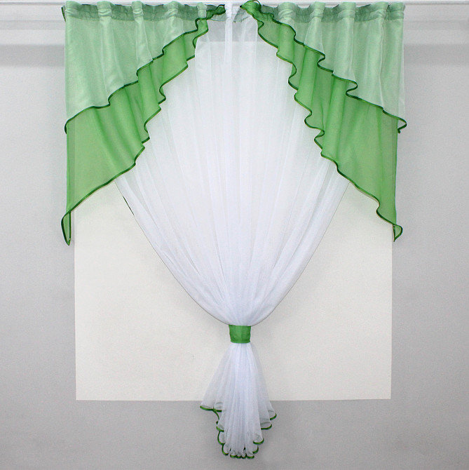 Кухонная занавеска VR-Textil № 114к ламбрекен и тюль темно-салатовый с белым 280х170 см (52-0557) Киев - изображение 1