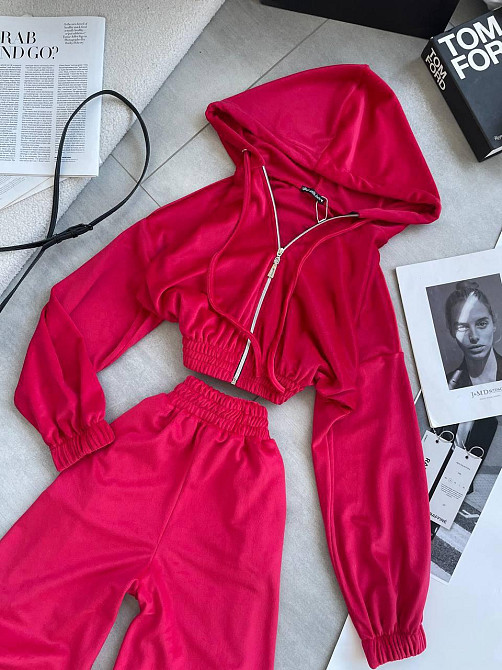 Женский прогулочный оверсайз костюм двойка: кофта и штаны турецкий велюр. Красный Одесса - изображение 7