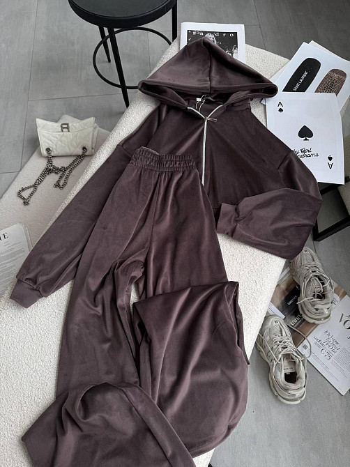 Женский стильный прогулочный костюм двойка: кофта и штаны в спортивном стиле велюр Шоколадный, 46/48 Одесса - изображение 9