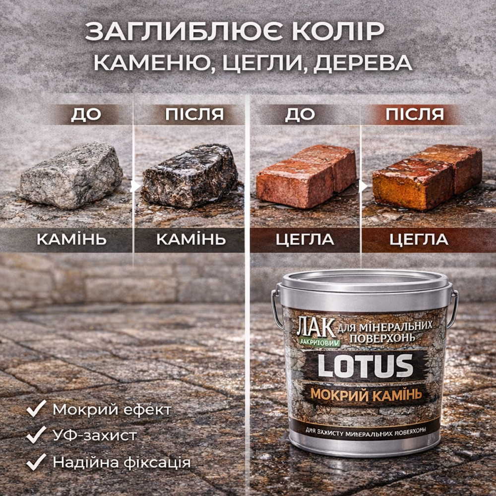 Фасадний лак для каменю та цегли LOTUS «Мокрий камінь» глянцевий акриловий прозорий для фасаду, бетону та дерева 10 л Харків - фото 4
