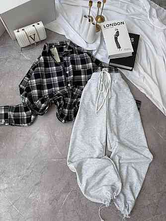 Женский повседневный костюм двойка: рубашка в клетку и штаны фланель + двунитка Черный, 42/46 Одесса