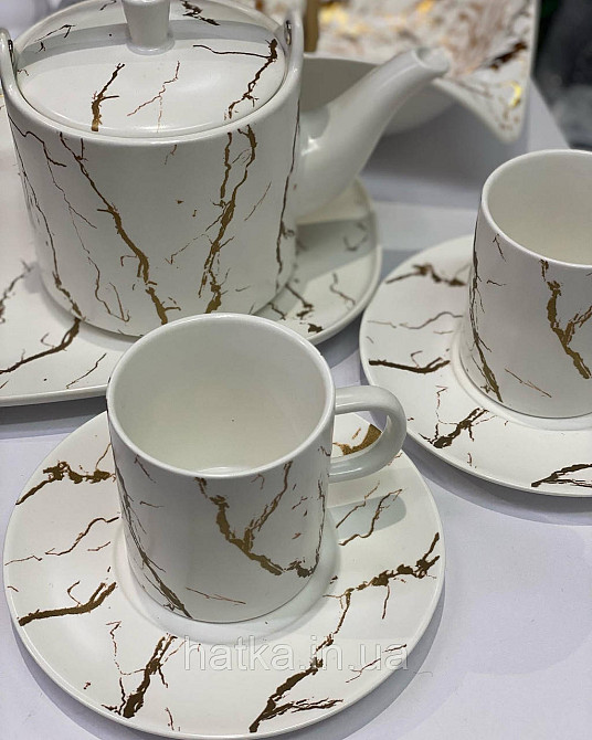 ЧАЙНЫЙ НАБОР 2 ЧАШКА 2 БЛЮДЦЕ "МРАМОРНАЯ РОЗКОШЬ" 220 мл БЕЛАЯ С ЗОЛОТОМ Київ - фото 1