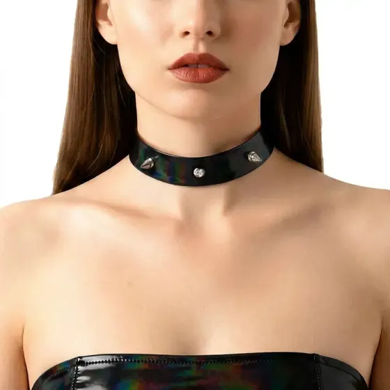 Лакований чокер з шипами Art of Sex - Mistress, колір чорний з ефектом голограми, розмір S Львов