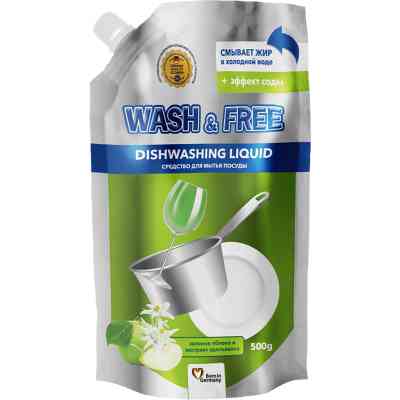 Средство для ручного мытья посуды Wash&Free зеленое яблоко и экстракт эдельвейса дой-пак 500 г (4260637724656) Винница