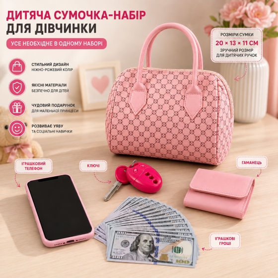 Детская сумочка-набор для девочки с телефоном, кошельком, ключами и деньгами, розовая, 20×13×11 см Киев