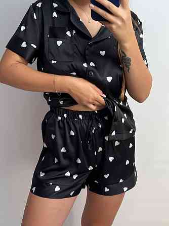 Піжама жіноча з сатину з шортами і сорочкою Чорна XL-2XL Харків