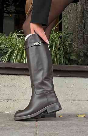 Жіночі шкіряні чоботи на низькому ходу зимові шоколадні, наповнювач євро-хутро (6160) / Чоботи Коломия