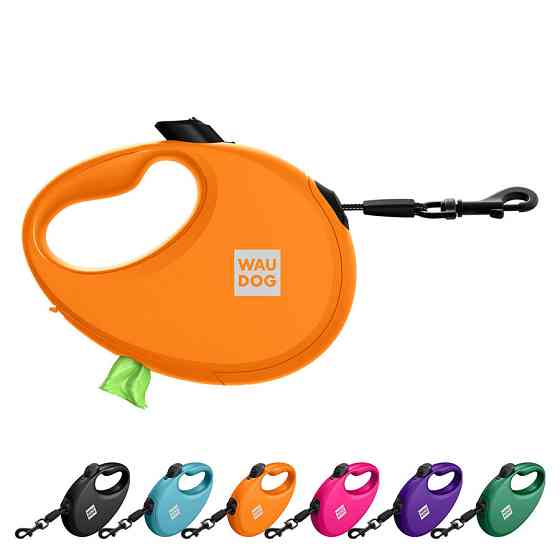 Повідець-рулетка для собак WAUDOG R-leash з контейнером для пакетів, світловідбивна стрічка, M, до 20 кг, 5м, помаранчевий Київ