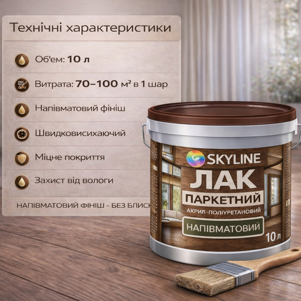 Лак для підлоги напівматовий Skyline паркетний, акрил-поліуретановий, водний, зносостійкий, без запаху, 10 л Харків - фото 9