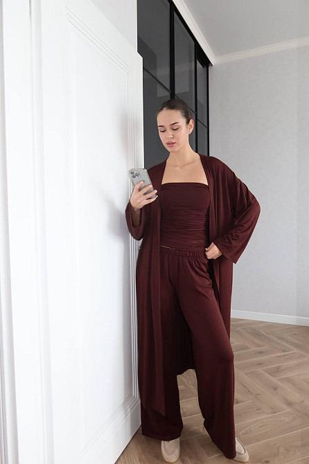 Жіночий базовий костюм-трійка: кардиган топ і штани турецька віскоза Шоколадний Одеса - фото 5