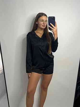 Комплект шовковий трійка сорочка з шортами і штанами Чорний ч/к S Харків