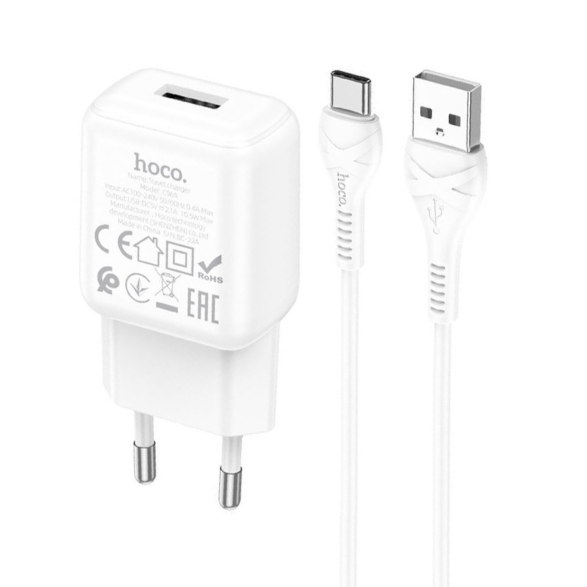 СЗУ зарядний пристрій HOCO C96A 1USB/2.1A з кабелем для заряджання USB - Type-C Білий Кам'янець-Подільський - фото 5